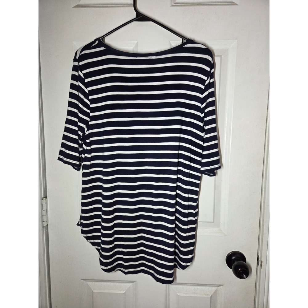 Cable & Gauge Navy Blue Striped Nautical Half Sleeve Stretchy Top Gold Accents M - Picture 3 of 7